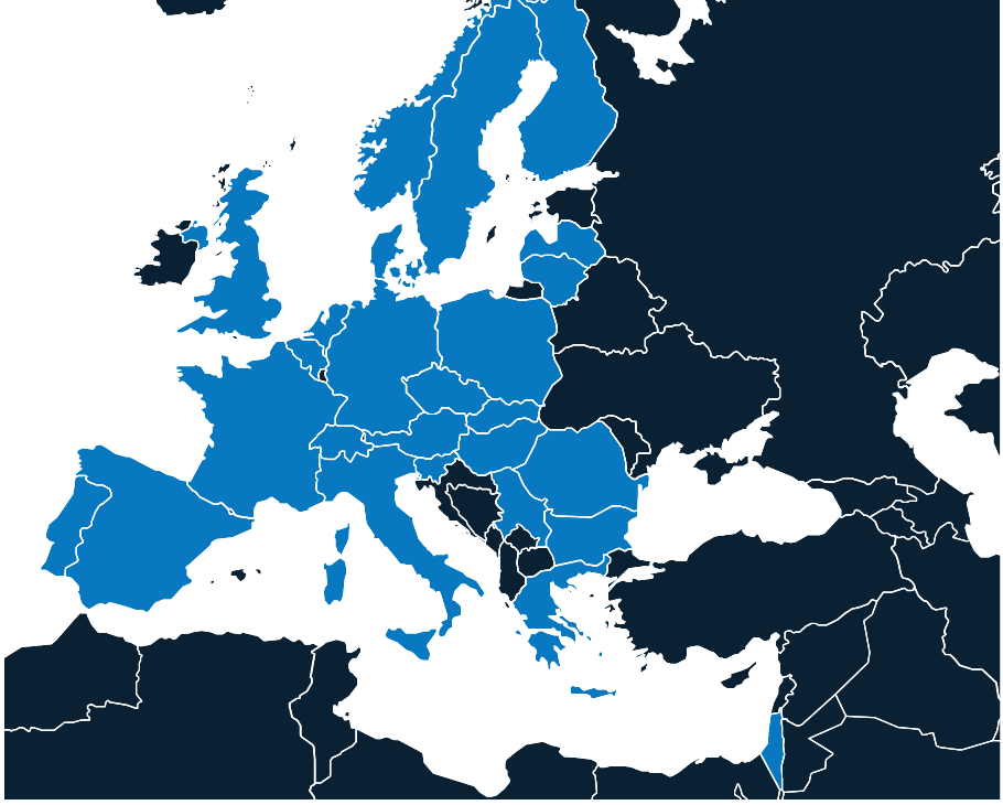 Figure 2: En bleu ciel, les pays faisant partie du réseau eLTER; en bleu foncé, ceux n’en faisant pas partie